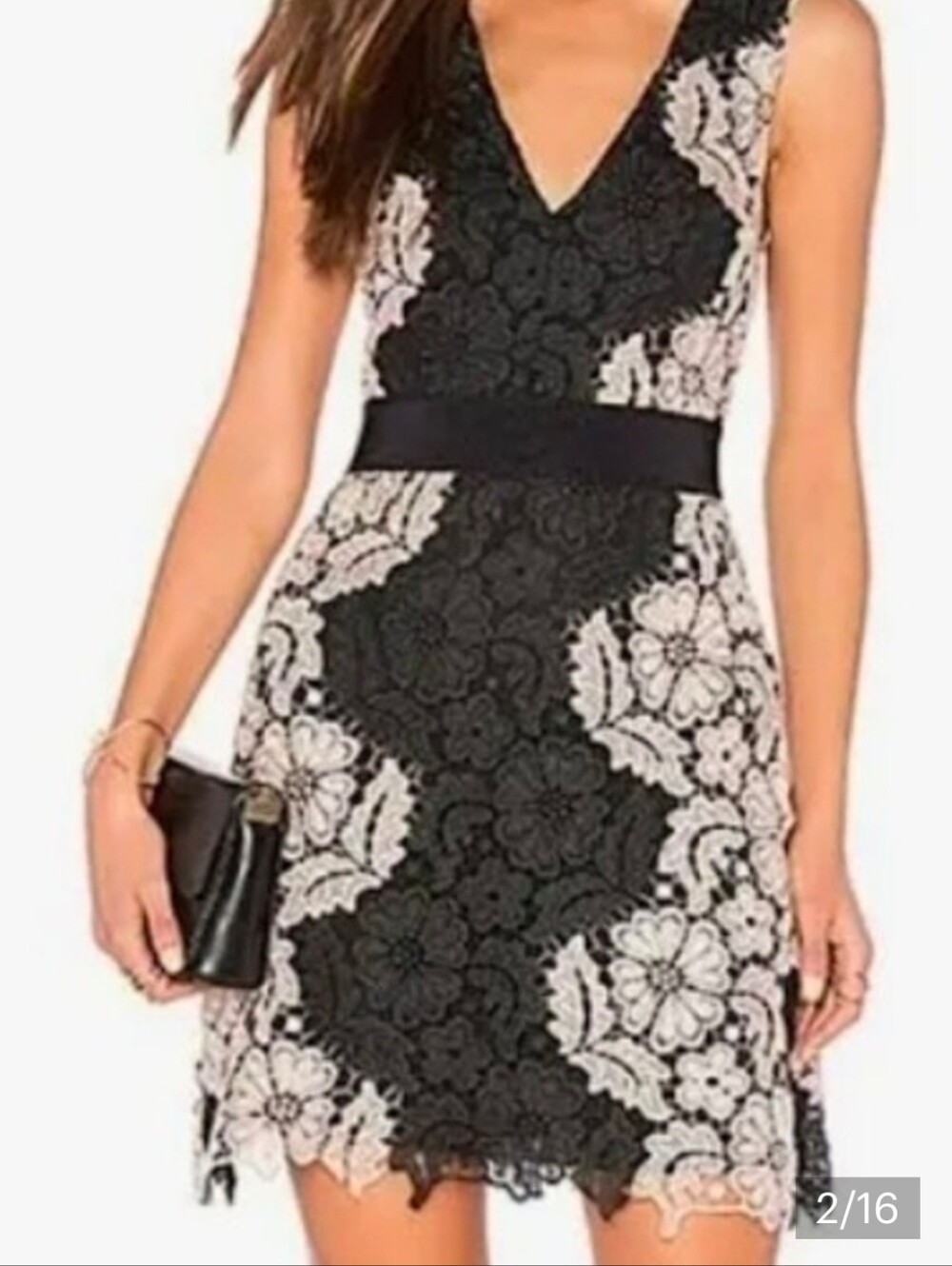 Alice + Olivia Black and White Floral Lace V-Neck Mini Dress Womens Size 6. - Picture 1 of 16